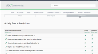 Notification preferences page in Trados Studio community showing various subscription activities with email and live alert options.