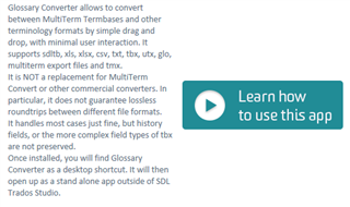 Screenshot of Trados Studio Glossary Converter app description with a 'Learn how to use this app' button.