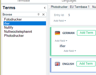 Screenshot of Trados Studio Termbase with terms listed on the left, including 'Nullify' and 'Nullwoolieelephant'. On the right, 'GERMAN' and 'ENGLISH' language options are shown with 'Add Term' buttons.