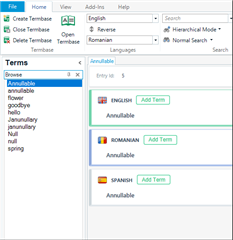 Screenshot of Trados Studio Termbase with terms listed on the left, including 'AnNULLable' and 'null'. On the right, 'ENGLISH', 'ROMANIAN', and 'SPANISH' language options are shown with 'Add Term' buttons.