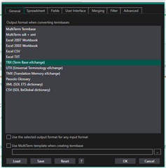 Trados Studio Glossary Converter window showing output format options including MultiTerm Termbase, Excel 2007+ Workbook, TBX, Excel CSV, UTX, TMX, and CSV with a checkbox for using the selected output format for any input format.