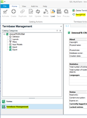 Screenshot of Trados Studio showing the Termbase Management window with options for Input Models, Output Models, and Export.