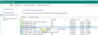 Programs and Features window with SDL Trados Studio 2019 and SDL MultiTerm 2019 highlighted, 'Repair' option visible.