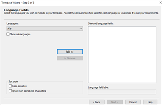 Trados Studio Termbase Wizard Step 3 of 5 showing Language Fields with 'Show sublanguages' checkbox unchecked and no languages selected.