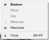 Right-click context menu with options: Restore, Move, Size, Minimise, Maximise, and Close. Maximise is not greyed out.