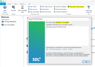 Screenshot of Trados Studio 'About SDL Trados Studio' window showing version 2019 SR2 - 15.2.5.2145.