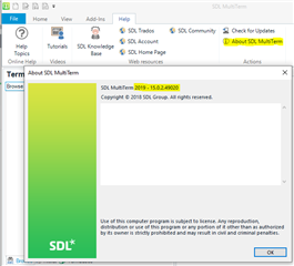 Screenshot of SDL MultiTerm 'About SDL MultiTerm' window showing version 2019 - 15.0.2.56240.