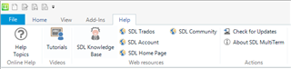 Screenshot of Trados MultiTerm Help ribbon with options for Help Topics, Tutorials, Online Help, Videos, SDL Knowledge Base, SDL Account, SDL Community, Check for Updates, and About SDL MultiTerm.