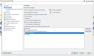 Trados Studio AutoSuggest options window showing five providers with 'Fragment Matches' highlighted and the rest unchecked.