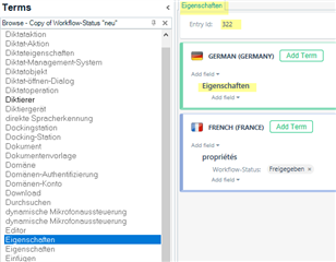 Screenshot of Trados Studio showing term details for 'Eigenschaften' with entry ID 322 in German and French.