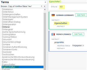 Screenshot of Trados Studio showing term details for 'Eigenschaften' with entry ID 322, indicating a duplicate entry in the terms list.