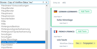 Trados Studio interface showing a term 'hohe Stimmglage' with an option to add a new tag 'freigegeben' next to the existing tag 'neu' in the German language section.