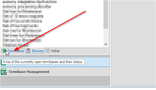Screenshot of Trados Studio with a red arrow pointing to the 'Termbases' tab, indicating where to click to view active termbases.
