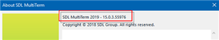 About SDL MultiTerm window showing version number 2019 - 15.0.5.55786 with no visible errors or warnings.