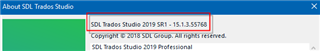 About SDL Trados Studio window showing version number 2019 SR1 - 15.1.3.55768 and additional text 'SDL Trados Studio 2019 Professional' with no visible errors or warnings.