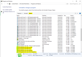 Programs and Features window with a list of installed programs, 'SDL MultiTerm 2017 SP2 Desktop' is highlighted in yellow with a 'Repair' option visible.