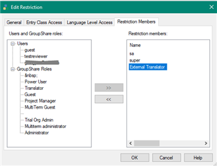 Screenshot of Trados Studio's Edit Restriction dialog box showing Users and GroupShare roles list with guest, testreviewer, and GroupShare Roles like bkbp, Translator, Power User, Guest, Project Manager, MultiTerm Guest, and Trados Org Admin selected. Restriction members section is visible with names like sa, super, and External Translator listed.