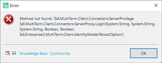 Error message window in Trados Studio showing 'Method not found' with a detailed method call stack and options to access the Knowledge Base or Community.