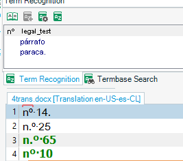 Screenshot of Trados Studio showing term recognition working without a period in the text.