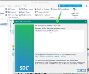 Trados Studio 'About' dialog box showing version number 2019 SR2 - 15.2.5.2145 with an arrow pointing to 'Check for Updates' option in the Help menu.