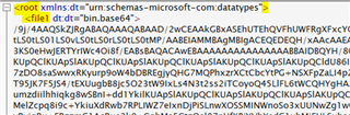 Screenshot showing a fragment of XML code with a root element and a file element containing a long string of base64 encoded data.