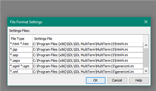 Screenshot of Trados Studio File Format Settings window showing a list of file types and their corresponding settings file paths, including .html, .hpm, .jsp, .aspx, .sgml, and .xml.