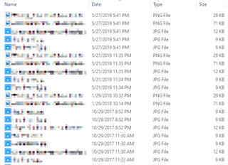 Screenshot of a file explorer window showing a list of image files with names, dates, types, and sizes, indicating small file sizes for PNG and JPG files used in a Trados Studio termbase.