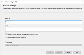 Trados Studio Import Wizard dialog box with incomplete display, missing 'Browse' button for 'Import file' field.