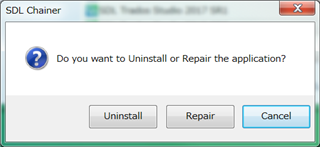 Dialog box titled 'SDL Chainer - Trados Studio 2019 SR2' with a question 'Do you want to Uninstall or Repair the application?' and three buttons: 'Uninstall', 'Repair', and 'Cancel'.