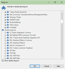 Trados Studio Plug-ins window showing a list of plugins with checkboxes, including SDL Community TranslationMemoryManagementUtility and SDLXLIFF Toolkit.