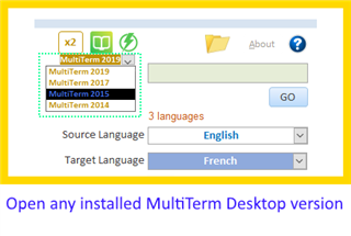 Screenshot showing Trados Studio with multiple versions of MultiTerm (2019, 2017, 2015, 2014) listed, with the option to open any installed MultiTerm Desktop version.