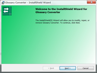 InstallShield Wizard window for Glossary Converter with options to modify, repair, or remove the program. A 'Next' button is available to proceed.