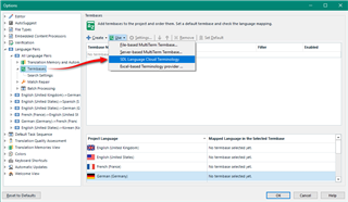 Trados Studio screenshot showing the 'Options' menu with 'Language Pairs' expanded and 'Terminology' selected. A dialog box is open with 'SDL Language Cloud Terminology' highlighted and a help icon indicated.