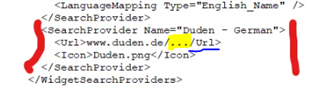 Screenshot of Trados Studio XML code with a red underline highlighting an incorrect closing Url tag and ellipsis in the Duden URL.