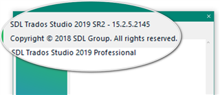 Screenshot showing the about section of SDL Trados Studio 2019 SR2 - 15.2.5.2145 with copyright notice.