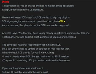 Screenshot of a text document with a note stating that the program is free of charge, has no hidden string, and does not have SDL signature. It mentions the refusal of SDL to sign plugins unless they are on the SDL AppStore.