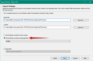 Trados Studio Export Wizard window showing step 2 of 8 with an option to sort termbase content by language field highlighted.