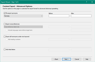 Trados Studio Custom Export window showing step 7 of 8 with an option to re-export synonyms checked.