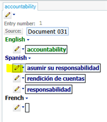 Screenshot of Trados Studio's MultiTerm 2019 showing the reorganization of synonyms for the word 'accountability' in English, Spanish, and French.