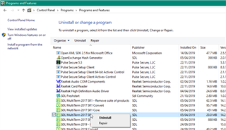 Windows Control Panel 'Programs and Features' list with 'SDL MultiTerm 2019' selected and the 'Repair' option visible, indicating a step to fix issues.