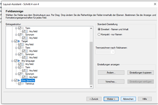 Trados Studio Layout Assistant window showing a list of field display options with 'Any language' selected, and other options in German.