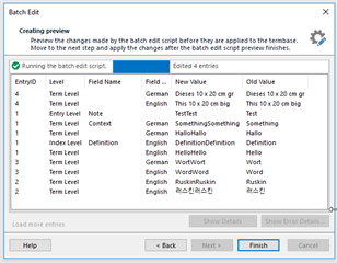 Trados Studio Batch Edit window showing a preview with a warning message 'Creating preview' and a list of term entries with fields like 'Term Level', 'Field Name', 'New Value', and 'Old Value'.