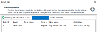 Preview window in Trados Studio's Batch Edit showing a mismatch between new and old values due to a string replacement error.