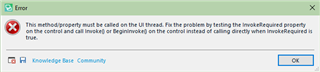 Error message in SDL Trados Studio stating 'This methodproperty must be called on the UI thread' with instructions to fix the problem using InvokeRequired property.