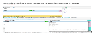 Error message in Trados Studio stating 'Your termbase contains the source term without translation in the current target language!' with highlighted segment in translation grid.