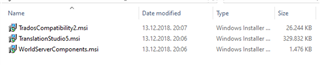 File explorer window showing three Trados Studio installation files: 'TradosCompatibility.msi', 'TranslationStudio5.msi', and 'WorldServerComponents.msi' with file sizes and modified dates.