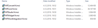 File explorer window displaying five installation files for Trados Studio components with names starting with 'MT', including 'MTContext.msi', 'MTCore.msi', 'MTStudioApi.msi', 'MTSuggest.msi', and 'MTWordIntegration.msi', along with file sizes and modified dates.