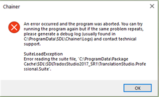 Error message in Trados Studio update installation showing 'An error occurred and the program was aborted. SuiteLoadException Error reading the suite file.' with a path to the SDL Trados Studio 2017 file and a suggestion to generate a debug log.