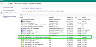 Windows Control Panel's 'Programs and Features' list with 'SDL MultiTerm 2019' and 'SDL Trados Studio 2019' highlighted for removal.