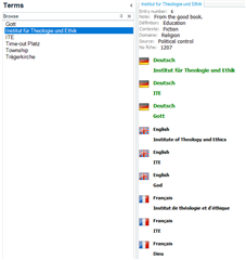 Screenshot of Trados Studio showing a list of terms in different languages such as Deutsch, English, and Francais without any visible errors or warnings.